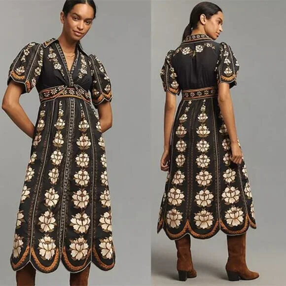 NEW Farm Rio Embroidered Floral Puff Short Sleeves Midi Dress Black Size:  Small